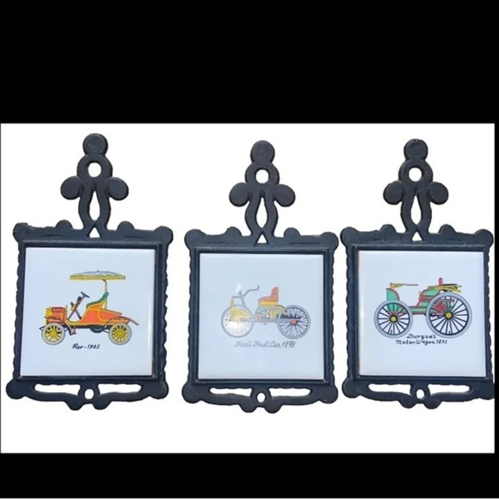 Set of 3 Vintage FORD Auto Car Cast Iron Trivets and Ceramic Tile Small Coasters